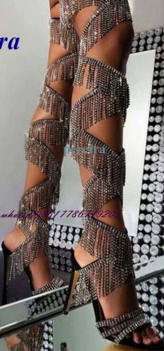 Open Toe Fringe Cross Tied Over The Knee Stiletto Heel High Heel Sandals