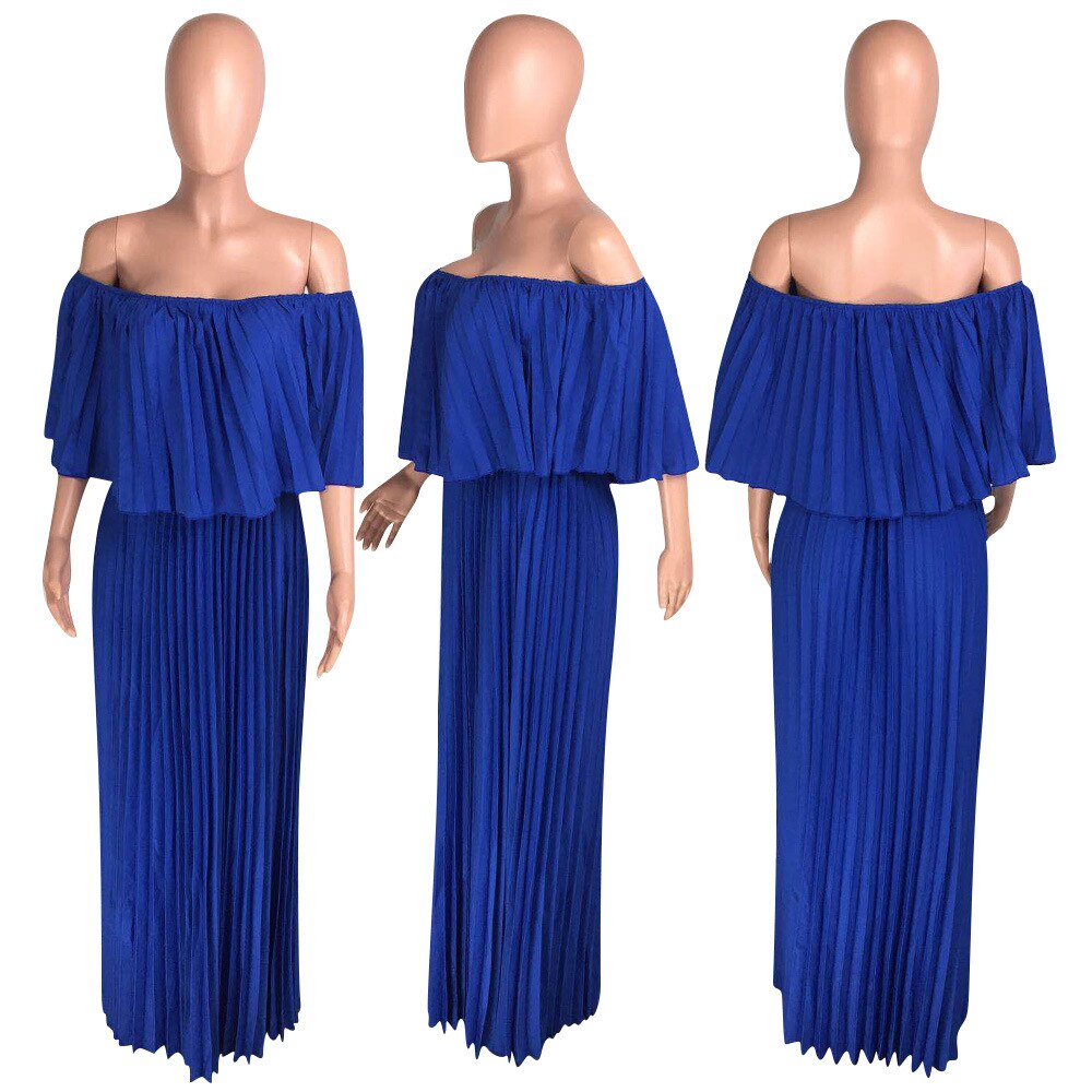 Pleated Solid Color Off-the-Shoulder Maxi Dress