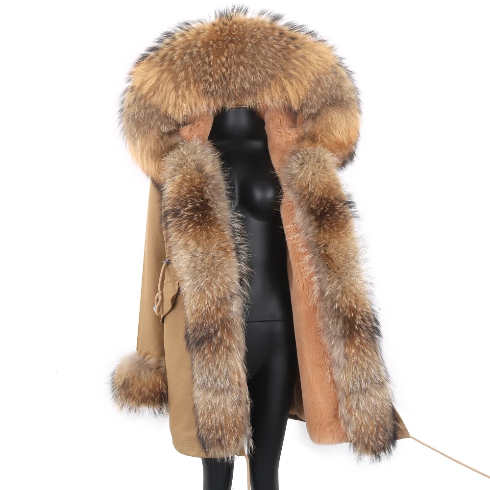 Colorblock Real Fur Oversized Collar Hip-Hop Design Women's Hooded Full Pelt Trenchcoat