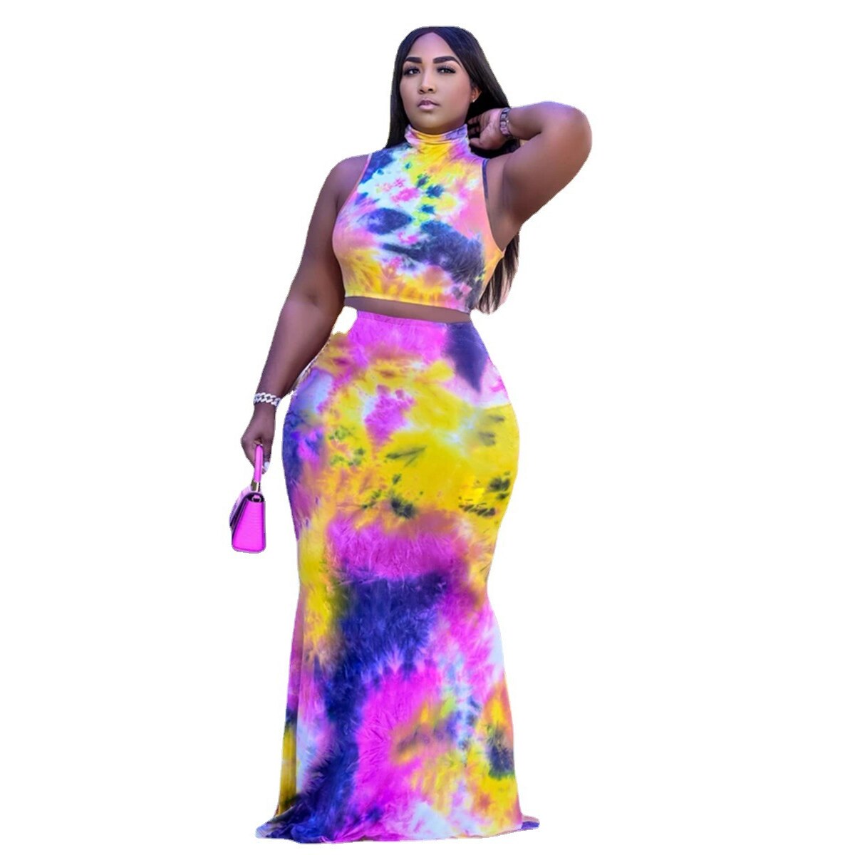 Pastel Tie-Dye Sleeveless Crop Top + Bodycon Maxi Skirt 2-Piece Set to 5X