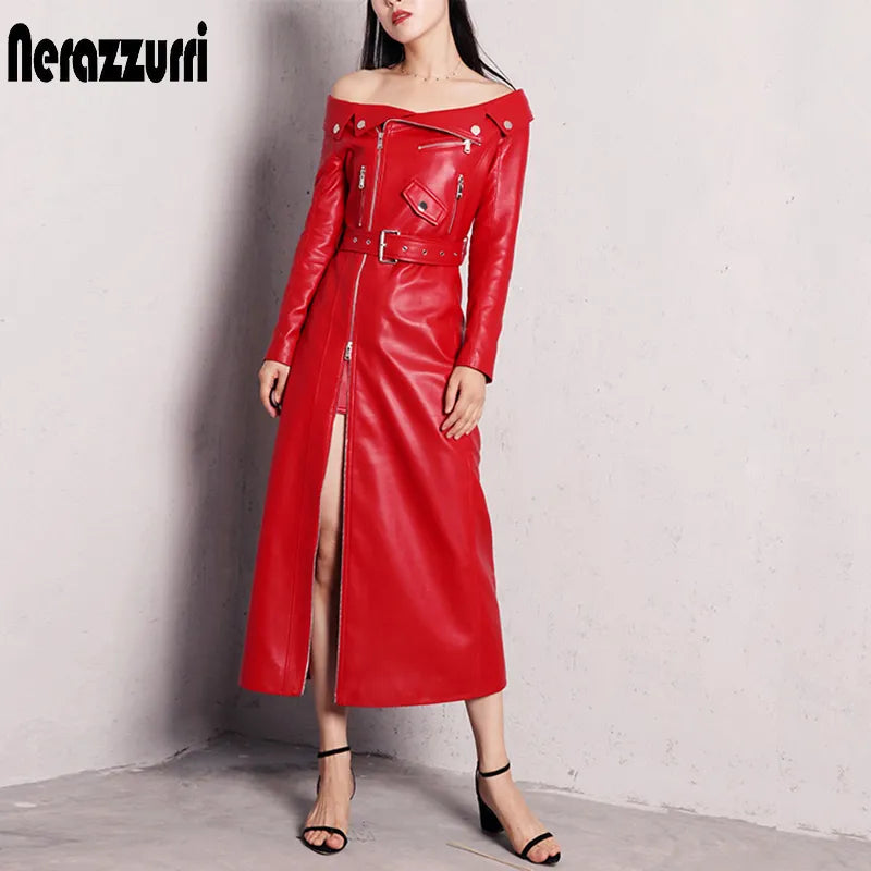 PU Leather Slash Neck Long Sleeve Runway Side Slit Dress