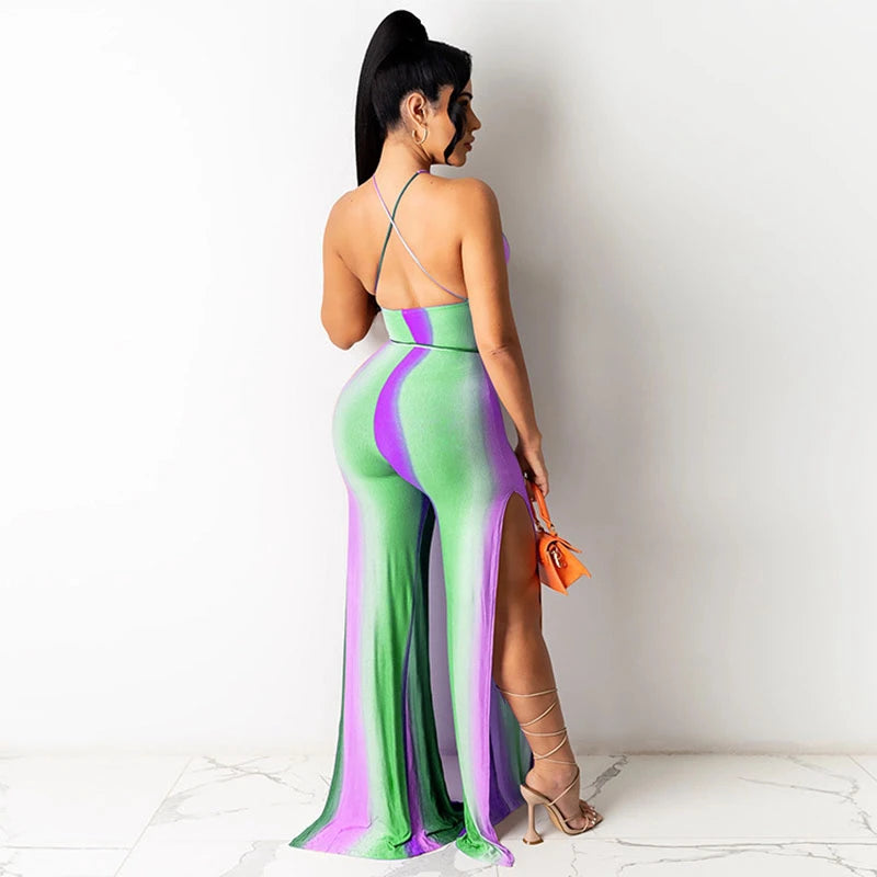 Gradient Deep V-Neck Halter Bandage Double Split Flare Leg Jumpsuit