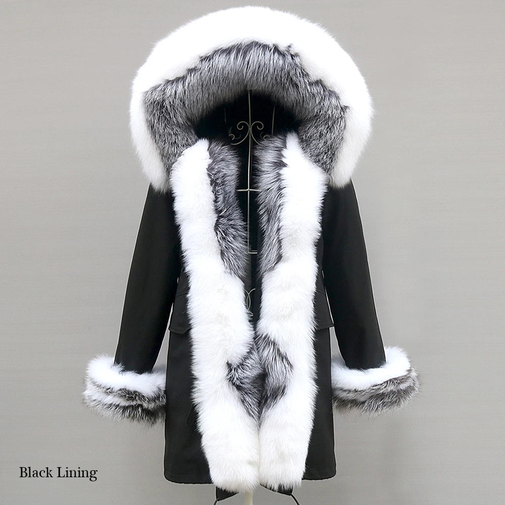 Colorblock Real Fur Oversized Collar Hip-Hop Design Women's Hooded Full Pelt Trenchcoat