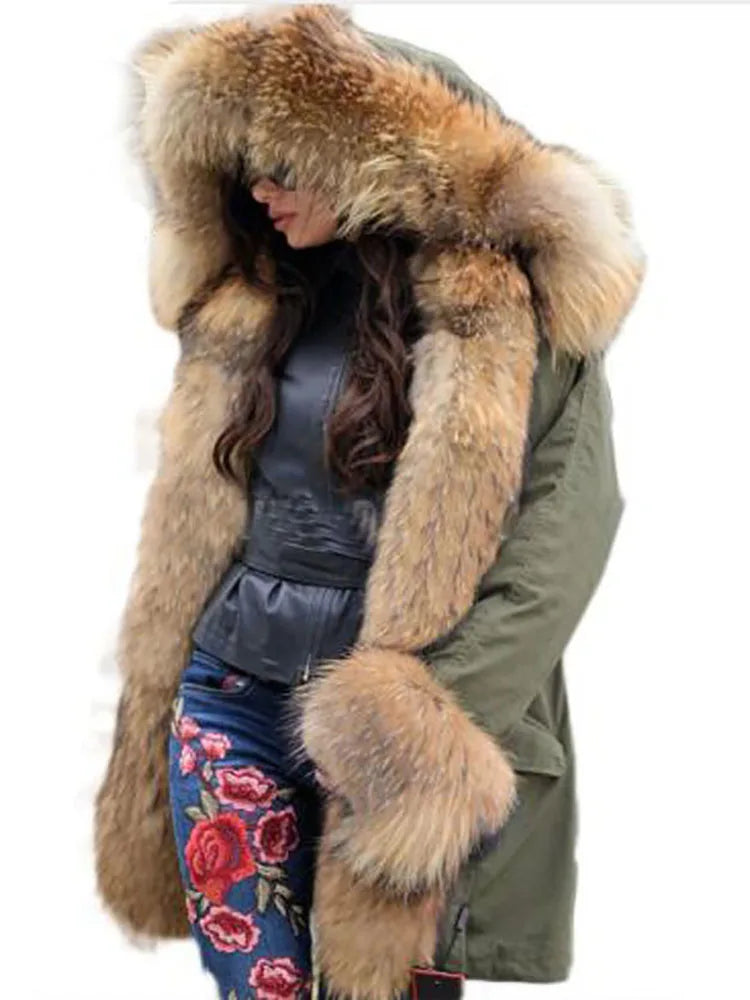Colorblock Real Fur Oversized Collar Hip-Hop Design Women's Hooded Full Pelt Trenchcoat
