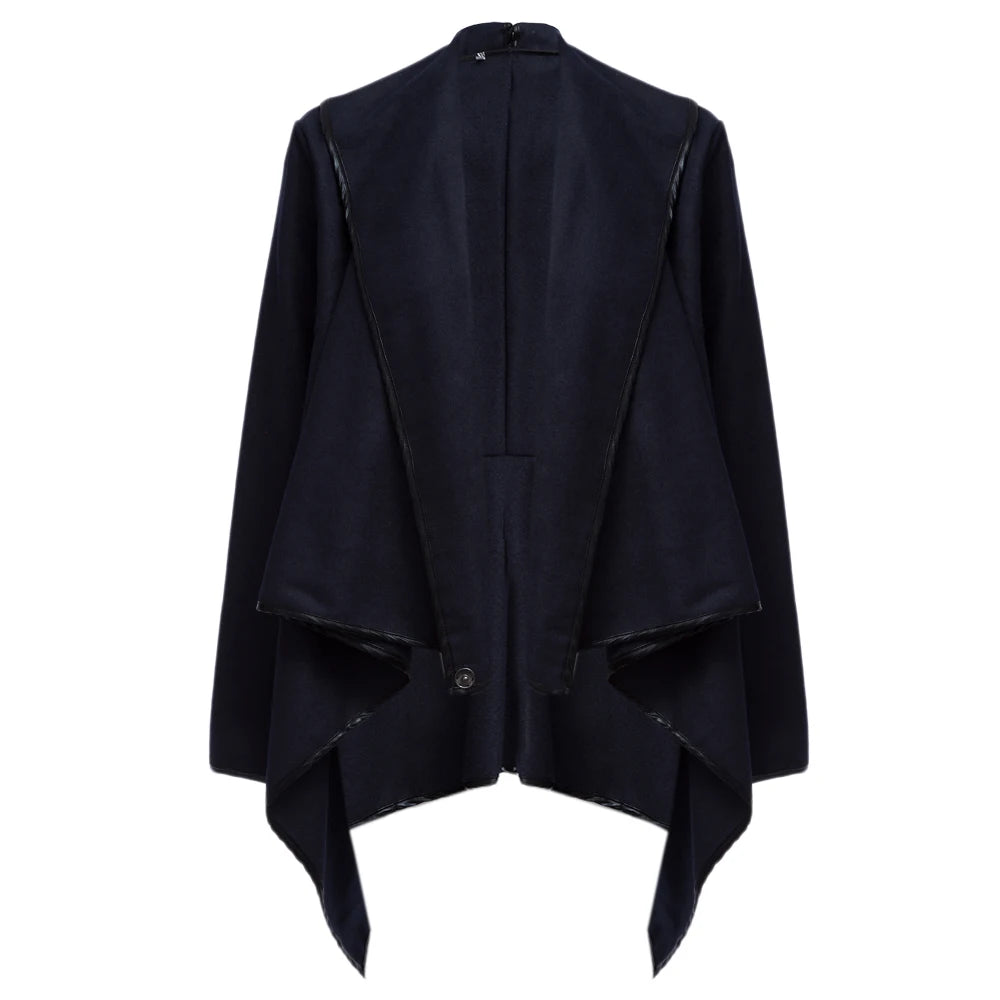 Wool Asymmetrical Women's Irregular Long Sleeve Zipper Detail Shawl Style Jacket