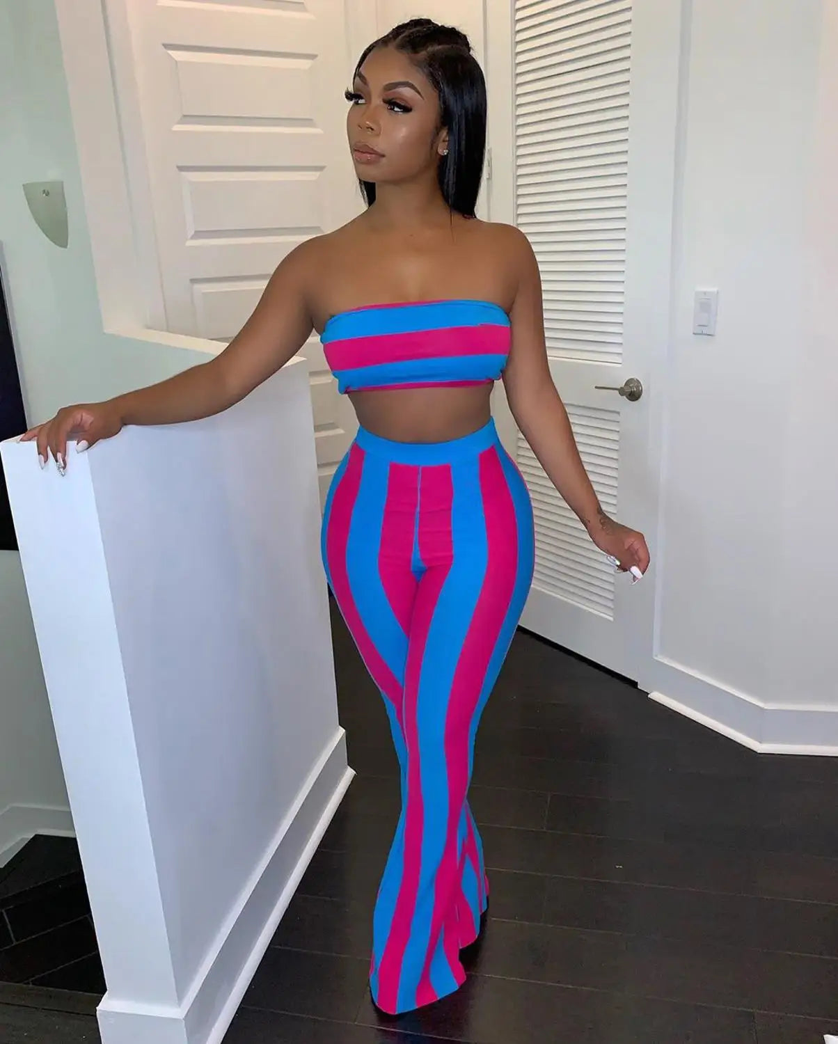 Sleeveless Striped Colorblock Tube Top+ Bodycon Flared Leggings Women's 2-Piece Set