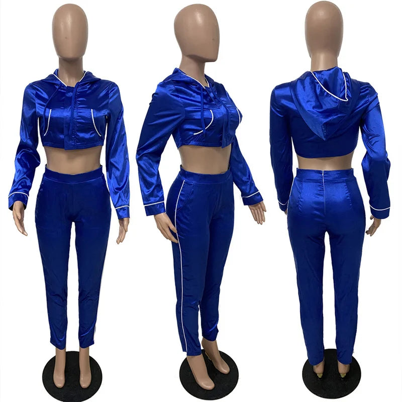 Satin Solid Women's Cropped Zipper Hoodie Jacket + Furry Ankle Pants Tracksuit