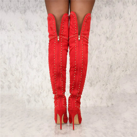 Red Metal Stud Rivet Embellished Over-the-Knee Thigh High Stiletto Heel Boots