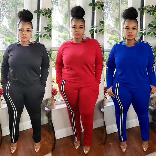 Solid O-Neck Side Striped Women's Long Sleeved Sweatshirt + Matching Sweatpants Tracksuit Sweatsuit to 5X Plus Size