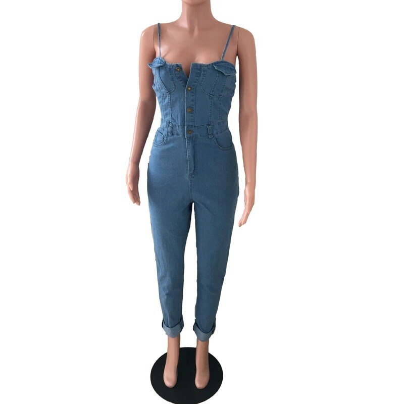 Pocket Button Design Skinny Tube Top Jean Jumpsuit