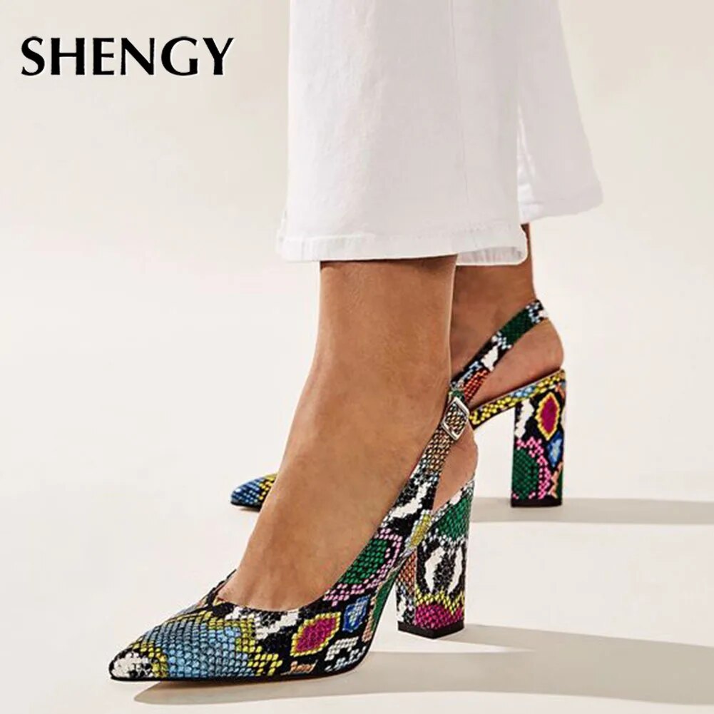 Rainbow Snake Print Slingback Mule Platform Sandal Pumps