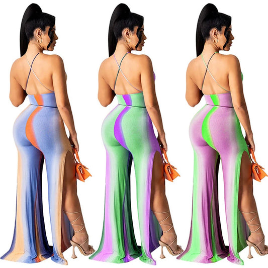 Gradient Deep V-Neck Halter Bandage Double Split Flare Leg Jumpsuit