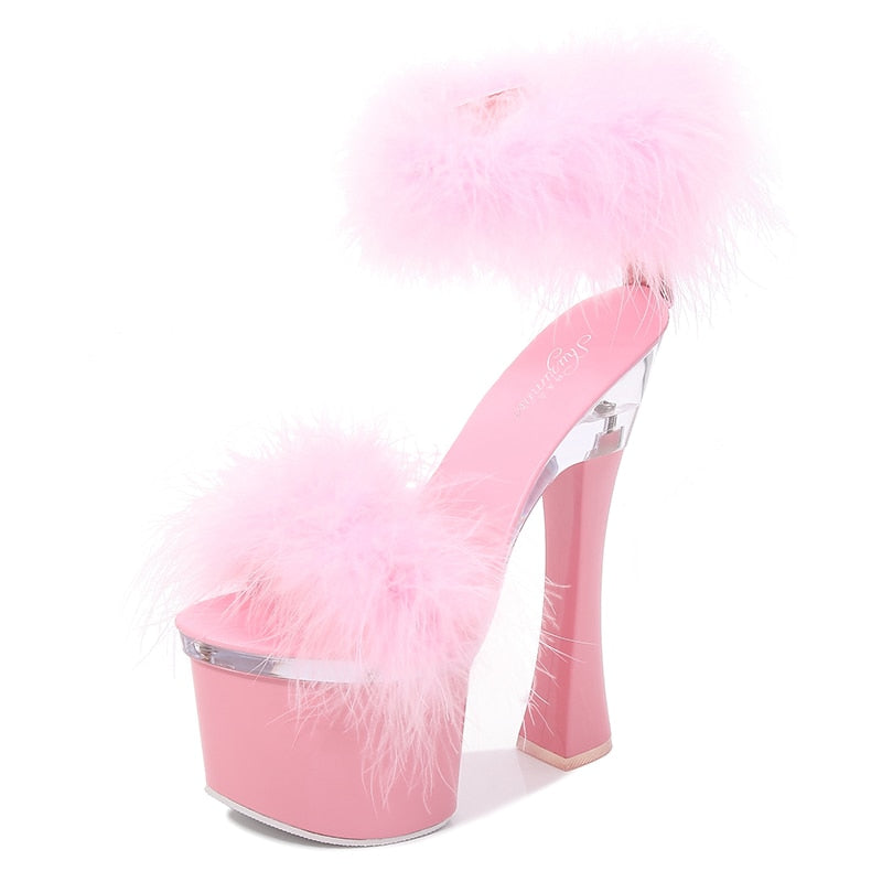 Feather Double Strap Thick Platform Open Toe Sandals