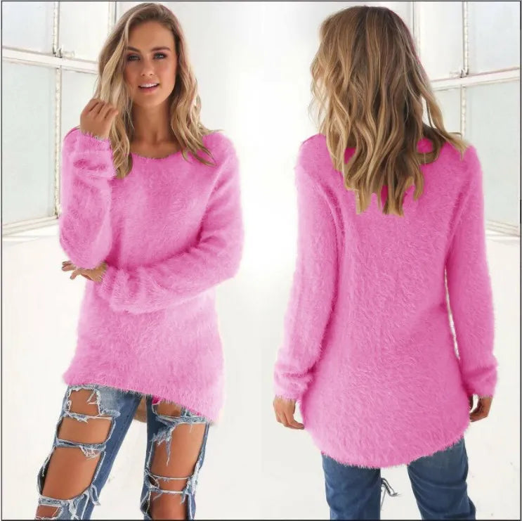 Fleece Solid Color O-Neck Pullover Women's Sweater to 5X