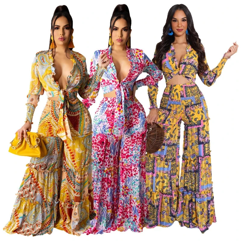 Paisley Floral Tie Front Women's Printed Long Sleeve Bodycon Crop Top + Baggy Pleated Pants 2-Piece Set