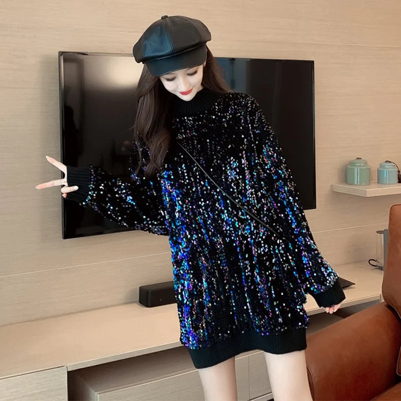 Sequined Knitted Pullover Women's Long Sleeve Sweater Dress