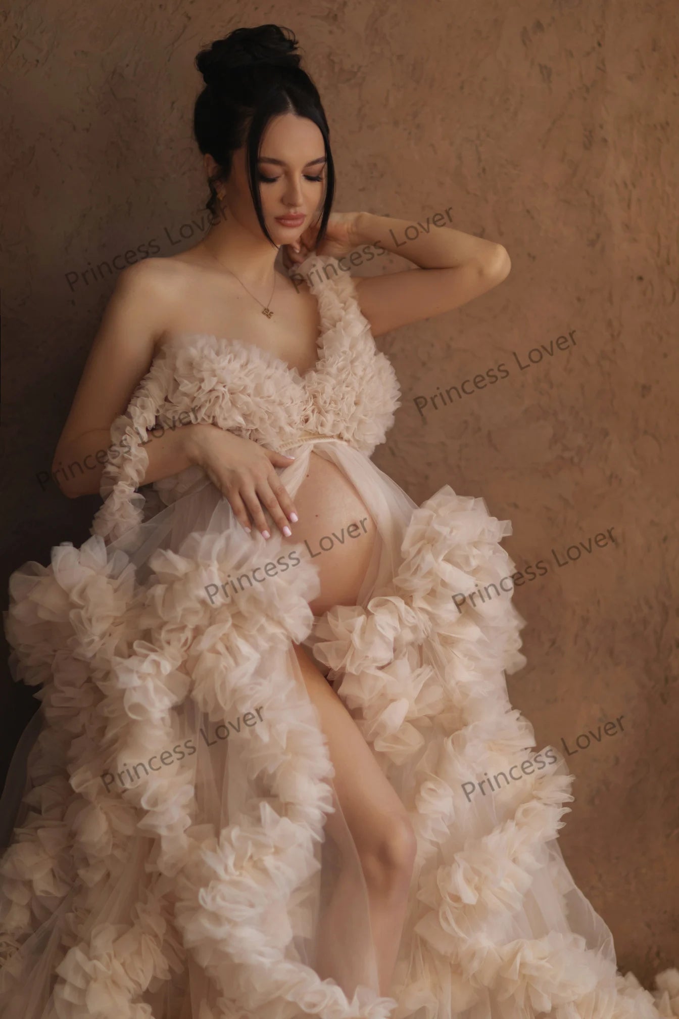 Maternity Tulle Ruffled Wrap Fluffy Baby Shower Gown Dress