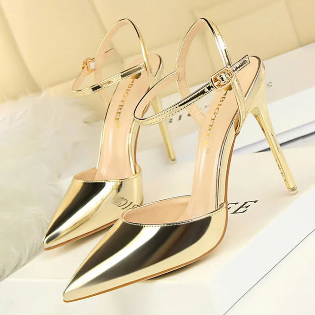 Patent Leather Stiletto Heel Buckle Strap Solid Color Sandal Pumps