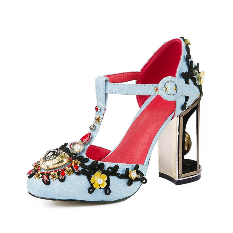 Jacquard Crystal T-Strip Rhinestone Embellished Transparent Square Heel Pumps