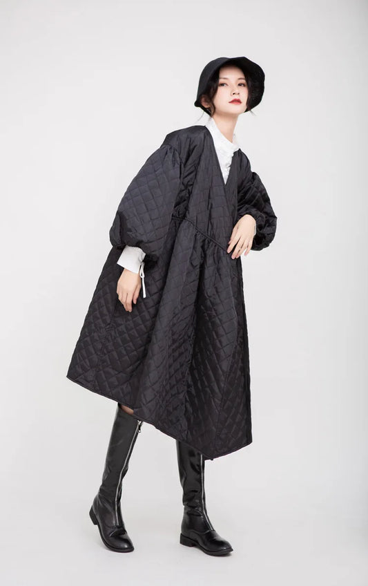 Retro Quilted Long Lantern Sleeve Embossed V-Neck Maxi Trench Dress