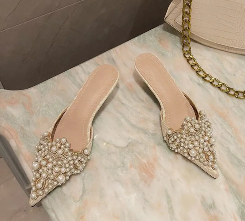 Pearl Crystal Patchwork Slip-On Thin Heel Mule Pumps