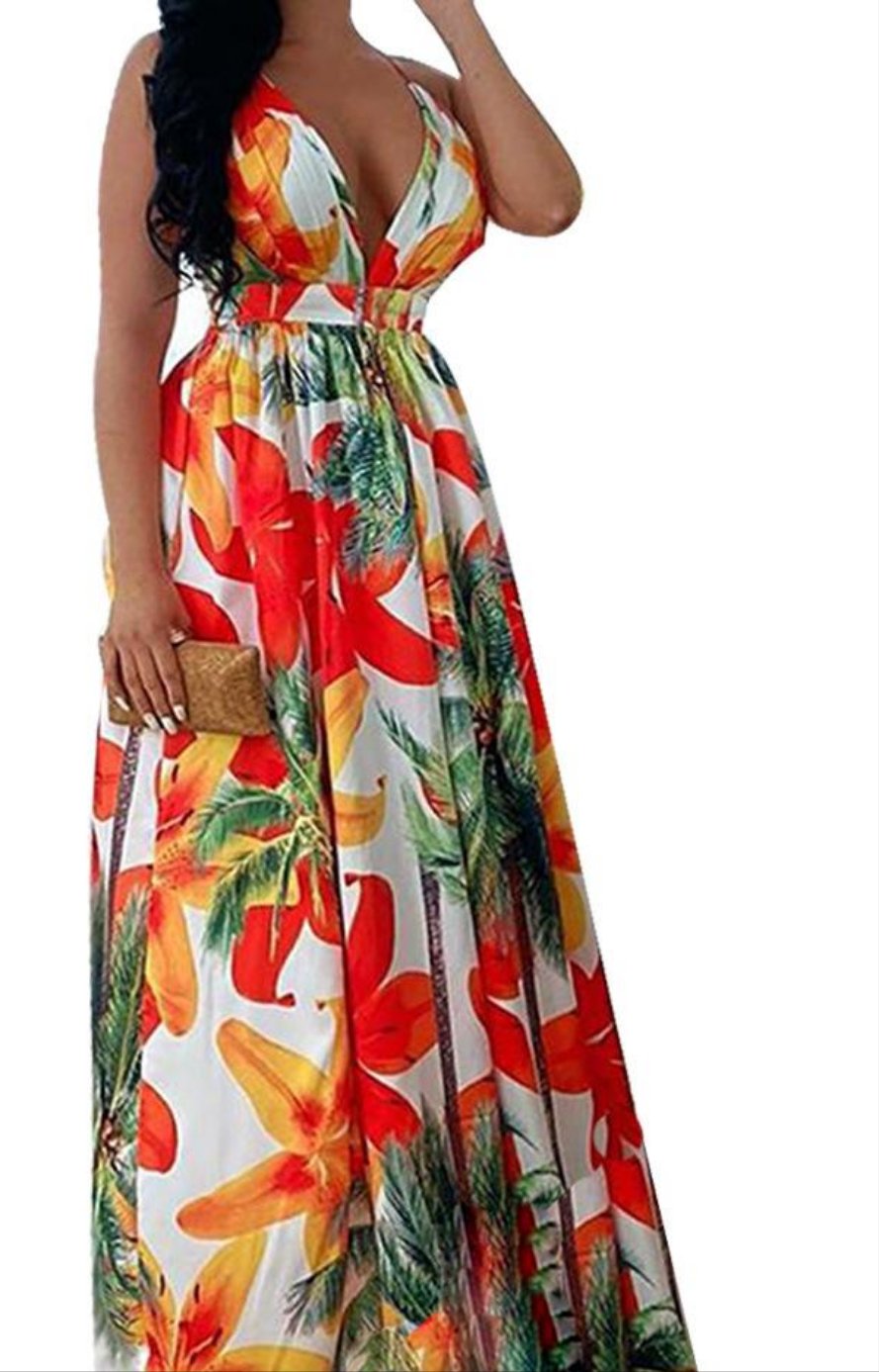 Tropical Floral Print V-Neck Split Long Spaghetti Strap Chiffon Maxi Dress