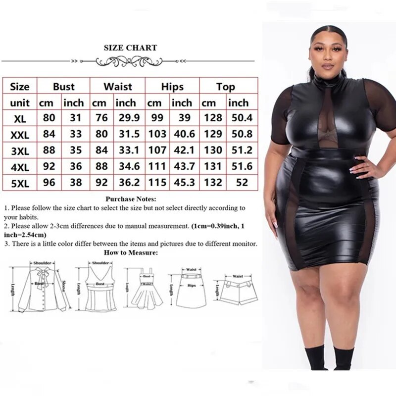 Faux Leather Black Mesh Patchwork Short Sleeve Midi Dress to 5X Plus Size