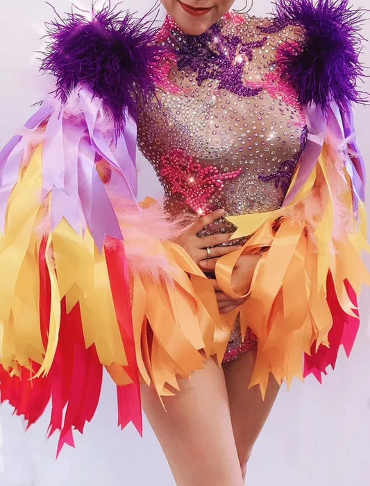 Feather Mardi Gras Colors Performance Bodysuit Costume