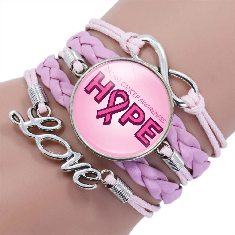 Breast Cancer Awareness Leather Faith Hope Cure Pink Ribbon Cluster Bracelet Bangle