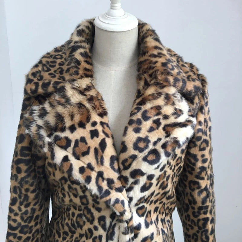 Leopard Faux Fur Turn-Down Collar Women's Coat