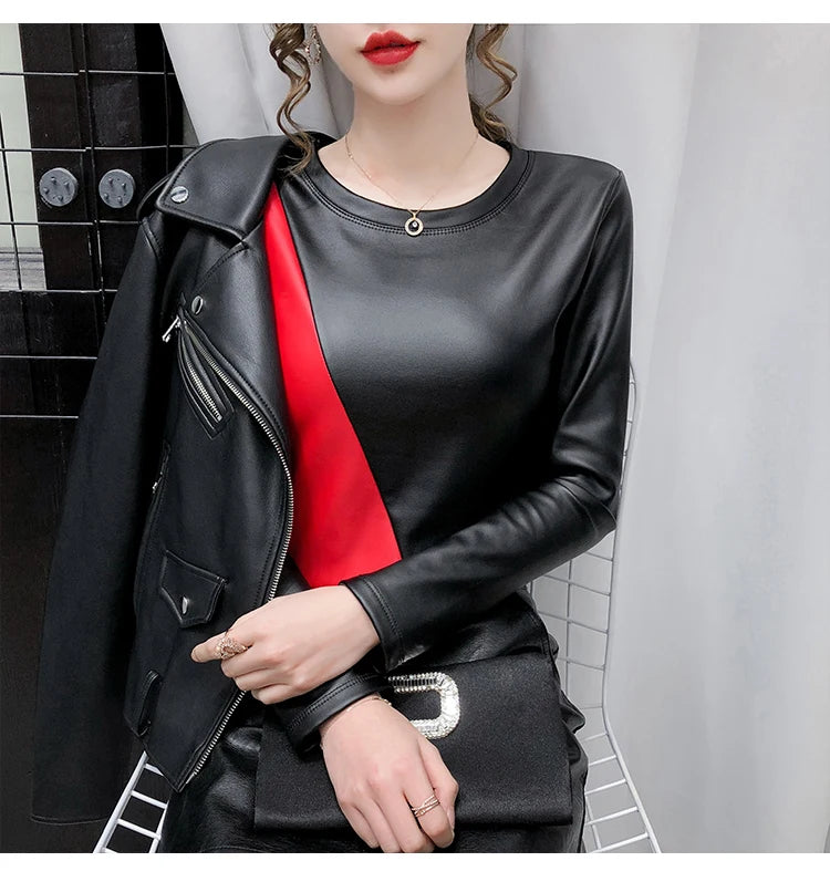 PU Leather O-Neck Colorblock/Solid Velvet Lined Long Sleeve Patchwork Elastic Women's Shirt to 4X Plus Size