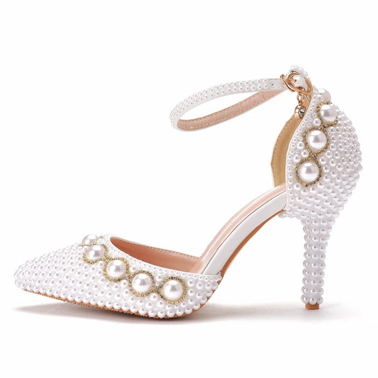 Crystal White Pearl Diamond Wedding Stiletto Heel Ankle Buckle Strap Sandal Pumps