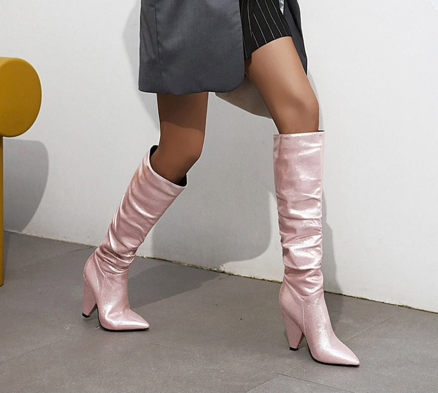 Metallic Western Pleated Sequined Cloth Knee High Ladies Pointed Toe Boots