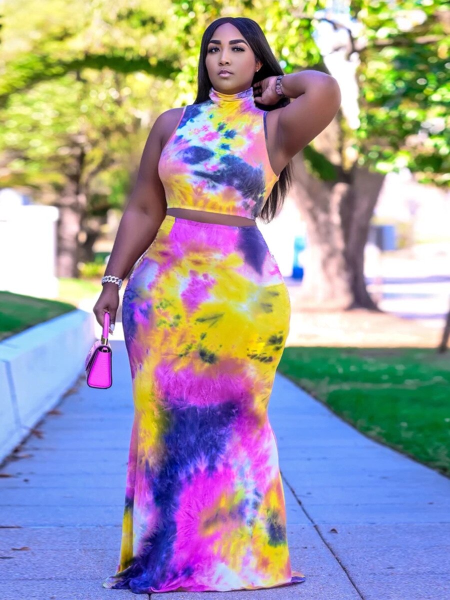 Pastel Tie-Dye Sleeveless Crop Top + Bodycon Maxi Skirt 2-Piece Set to 5X