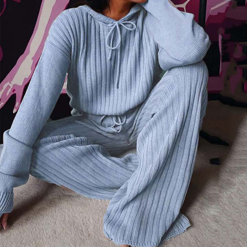 Knitted Hooded Pajama Set Pajama  Long Sleeve Loungewear Set