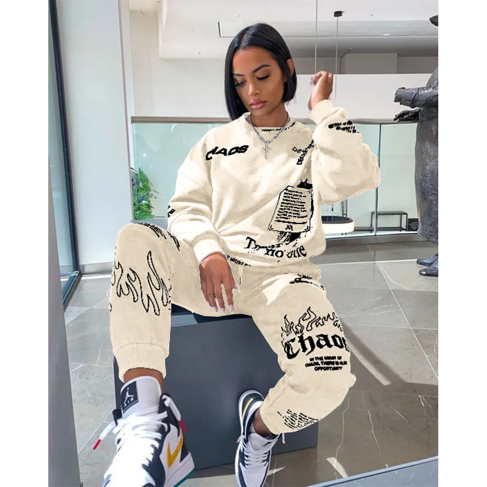 Women Tracksuit 2 Pieces Set Autumn Letter Printed Oversized Hoodies Sweatshirt Pants Suit Sweatpants Outfits Matching Sets