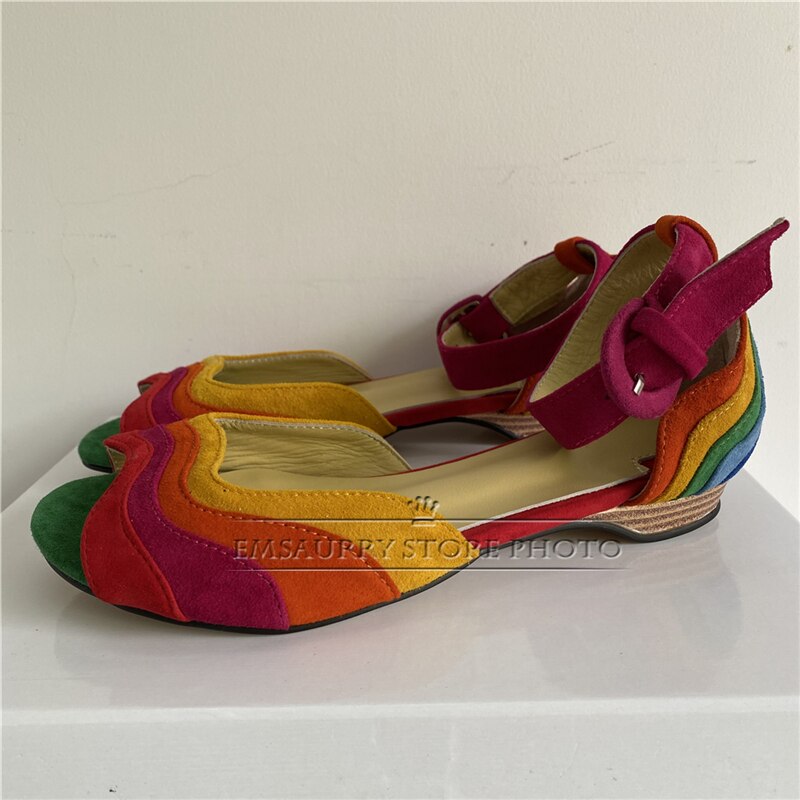 Suede Rainbow Colorblock Striped Peep Toe Shallow Chunky Square Platform Heel/Flat/ Pumps Pride Sandals