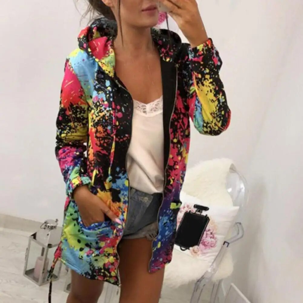 Graffiti Print Oversized Zipper Cardigan Women's Retro Sweatshirt