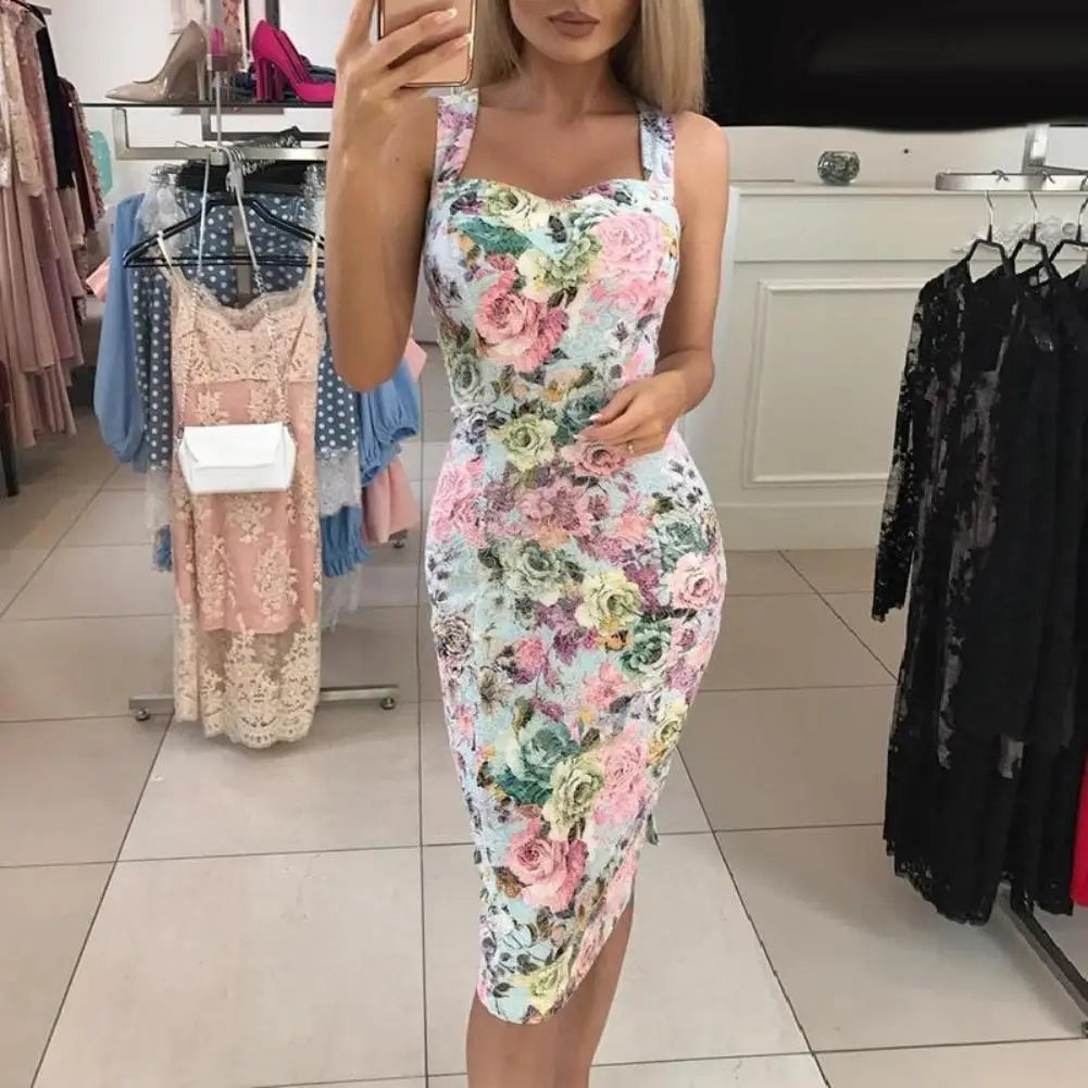 Vintage Pink Rose Flower Printed Sleeveless Bodycon Midi Dress