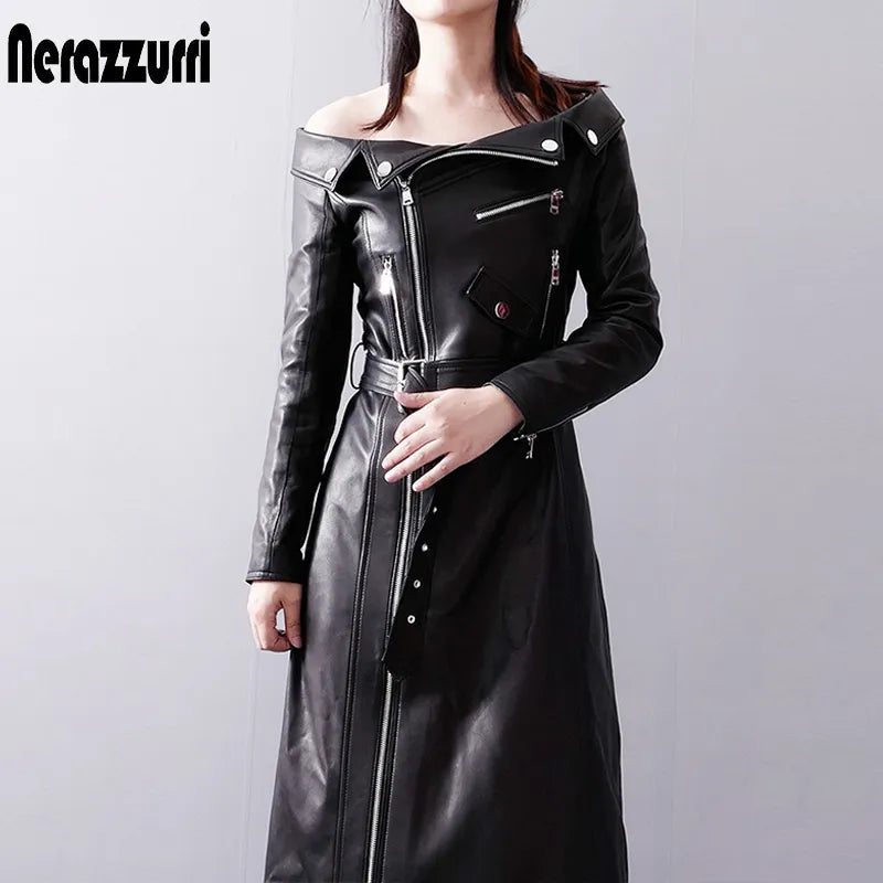 PU Leather Slash Neck Long Sleeve Runway Side Slit Dress