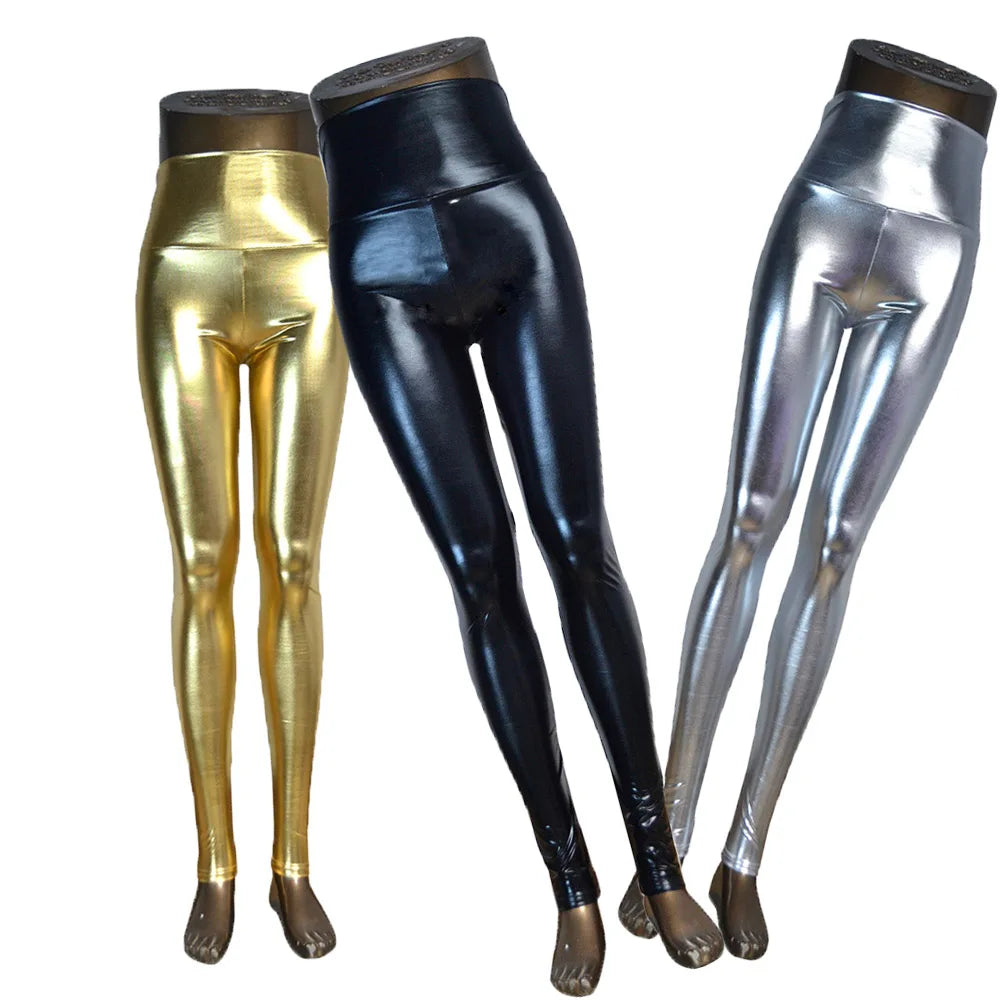 Metallic High Waist Shiny Faux Leather Stretch Leggings