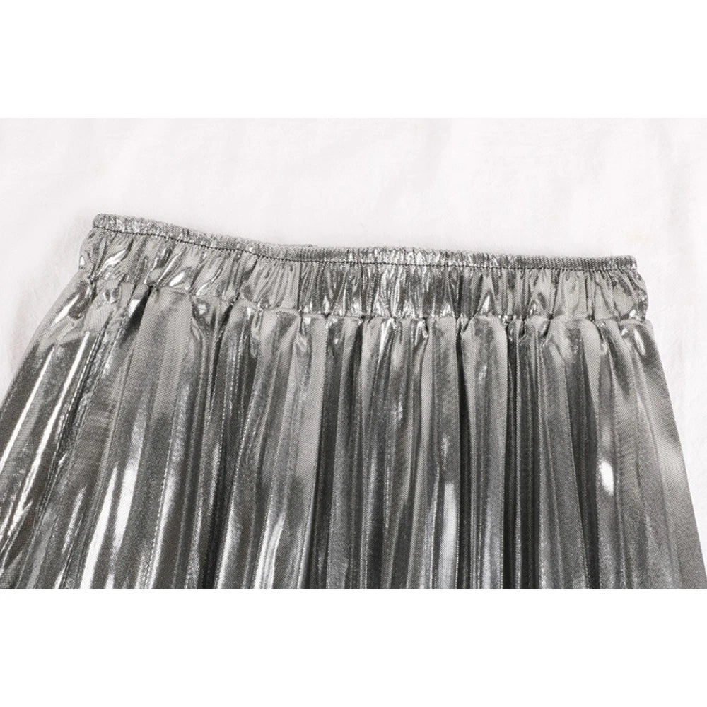 Metallic Pleated High Waist Solid Midi Skirt