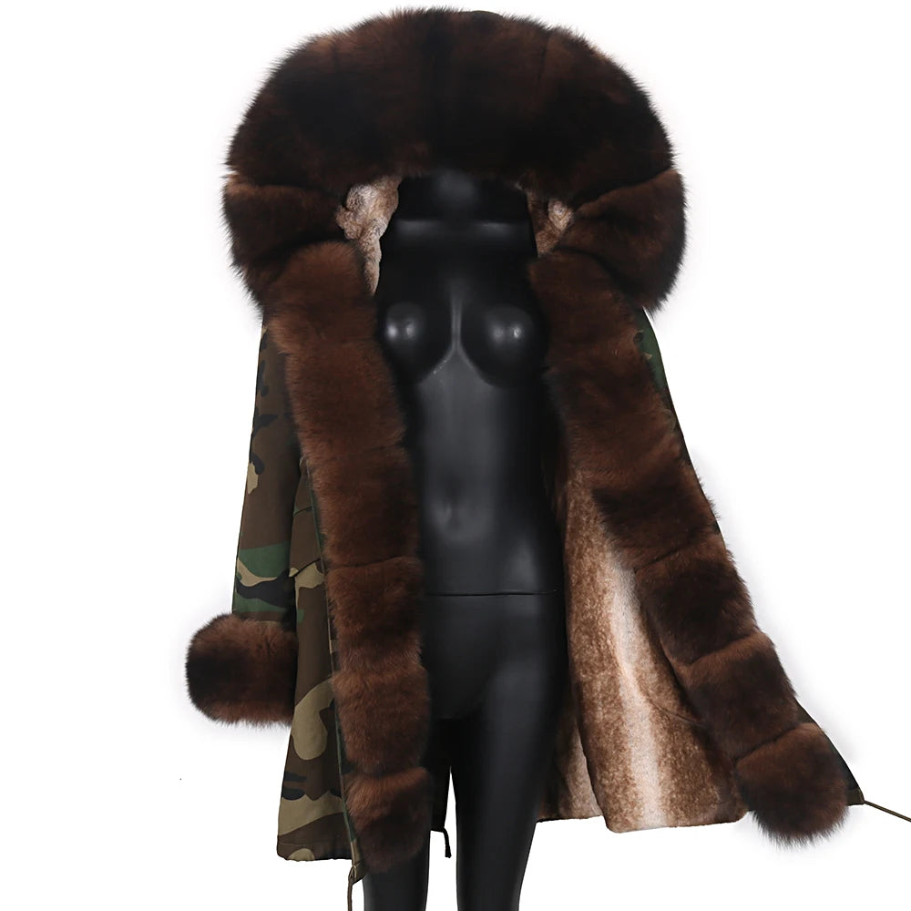 Colorblock Real Fur Oversized Collar Hip-Hop Design Women's Hooded Full Pelt Trenchcoat