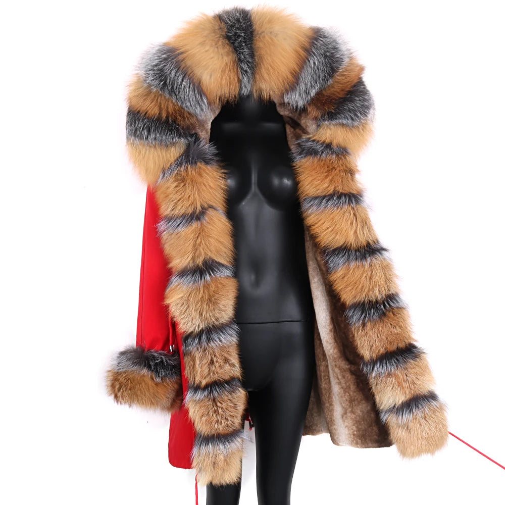 Colorblock Real Fur Oversized Collar Hip-Hop Design Women's Hooded Full Pelt Trenchcoat