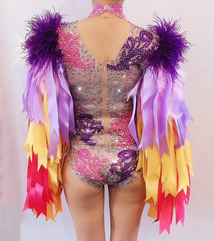 Feather Mardi Gras Colors Performance Bodysuit Costume