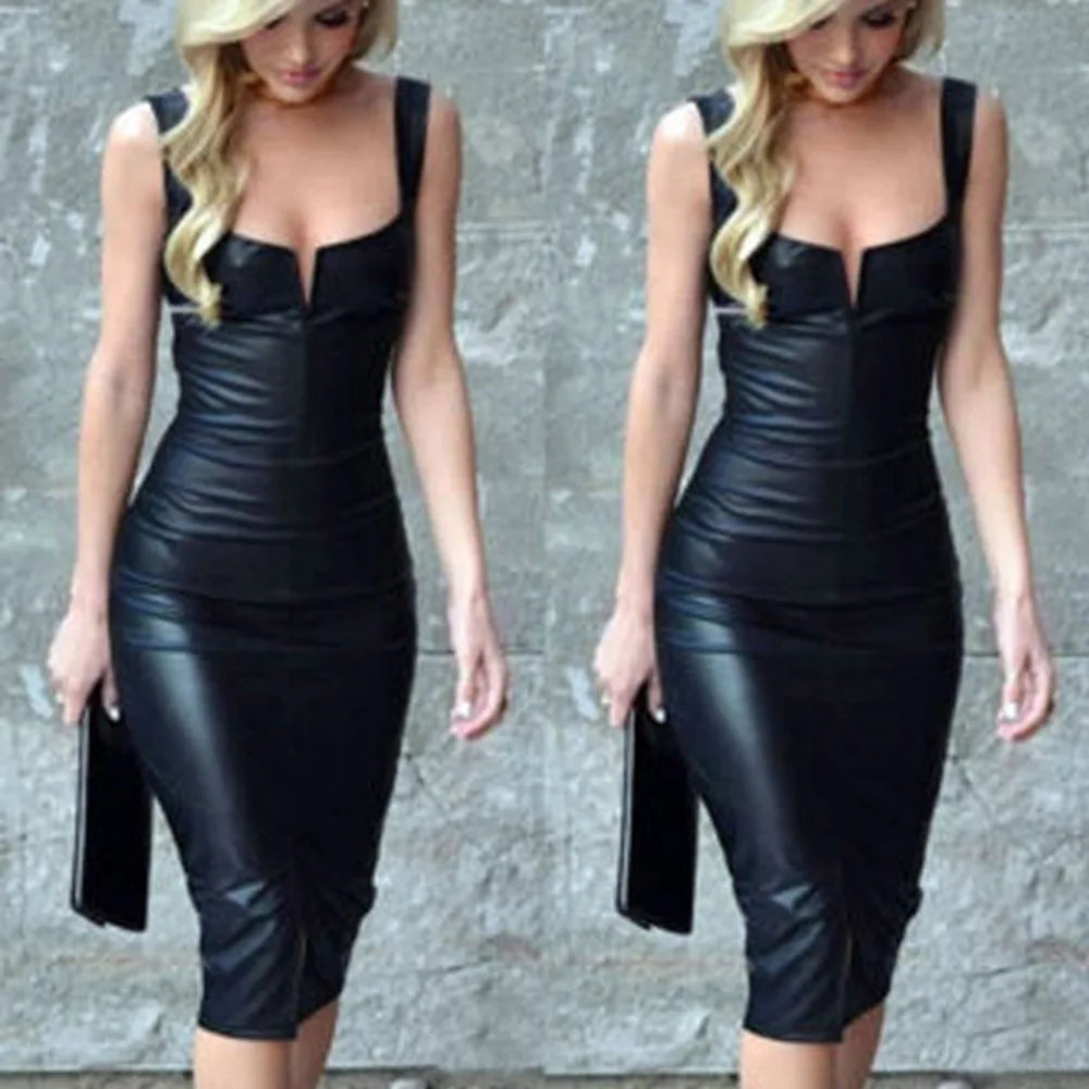 Black PU Leather Bandage Bodycon Spaghetti Strap Square Collar Sleeveless Midi Formal Party Dress