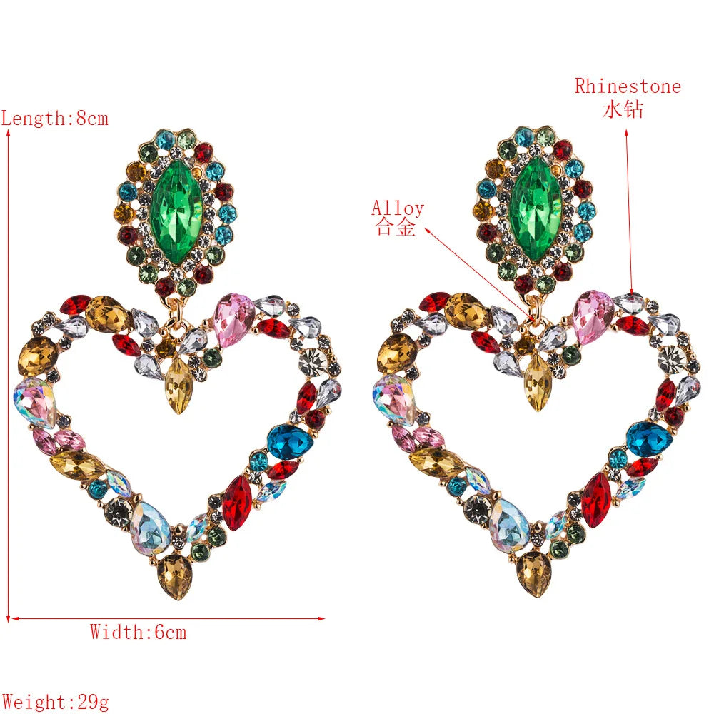 Oversized Crystal Rhinestone Heart Shaped Pendant Dangle Statement Earrings