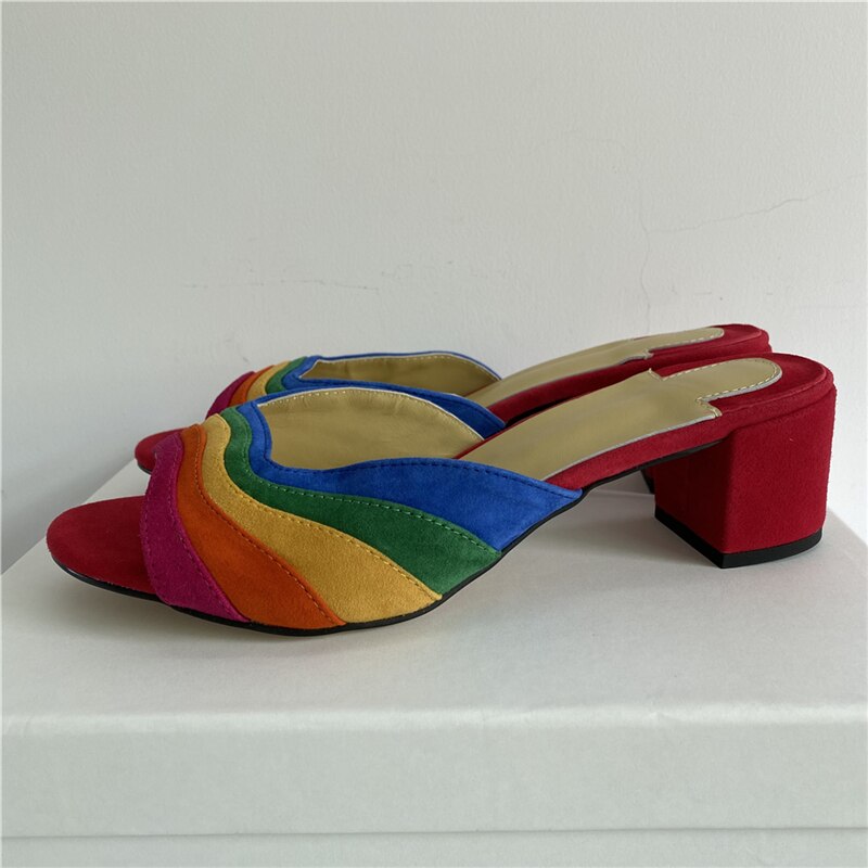 Suede Rainbow Colorblock Striped Peep Toe Shallow Chunky Square Platform Heel/Flat/ Pumps Pride Sandals