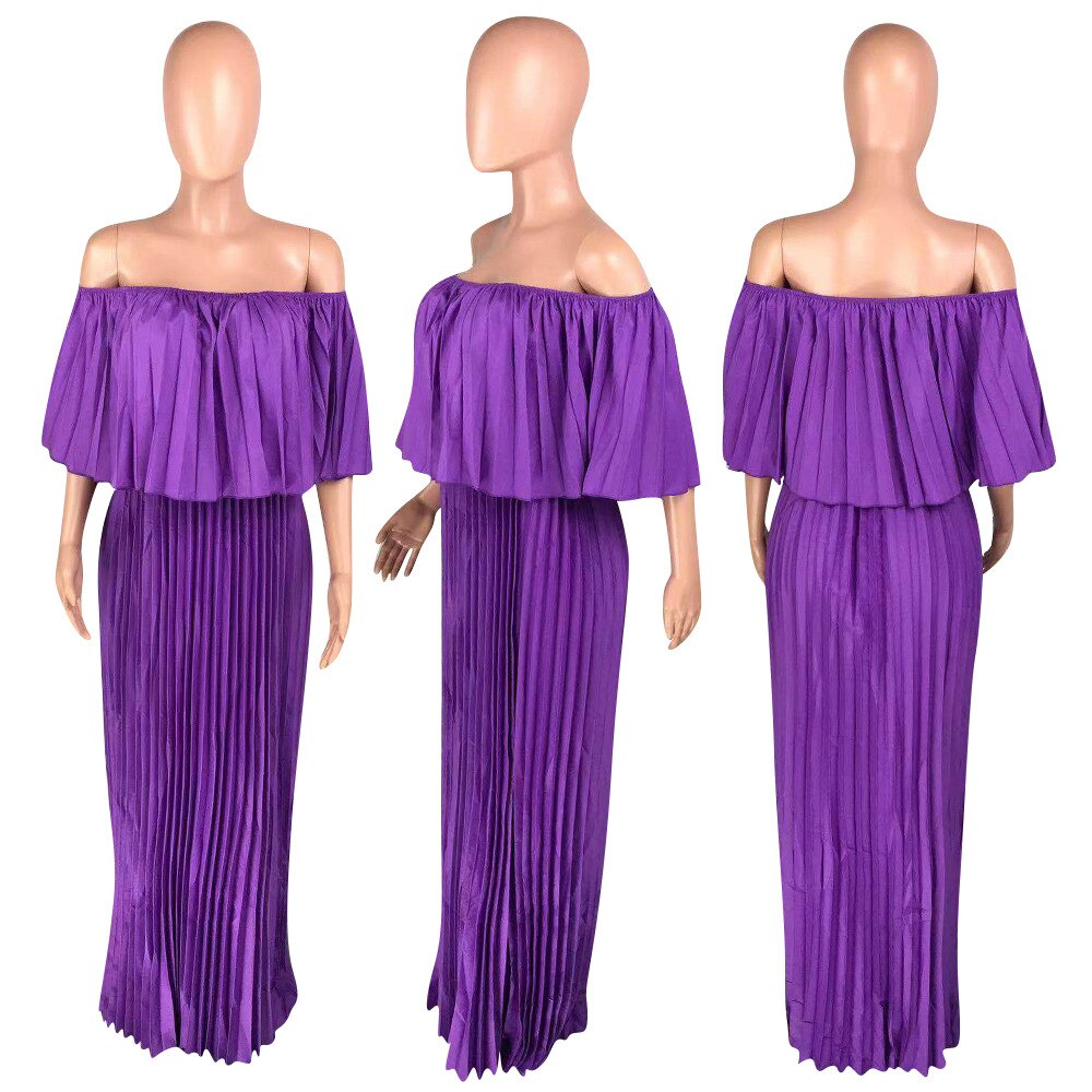 Pleated Solid Color Off-the-Shoulder Maxi Dress