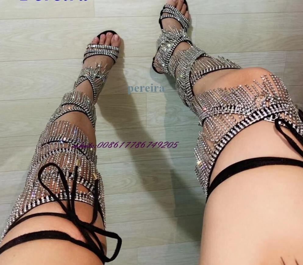 Open Toe Fringe Cross Tied Over The Knee Stiletto Heel High Heel Sandals